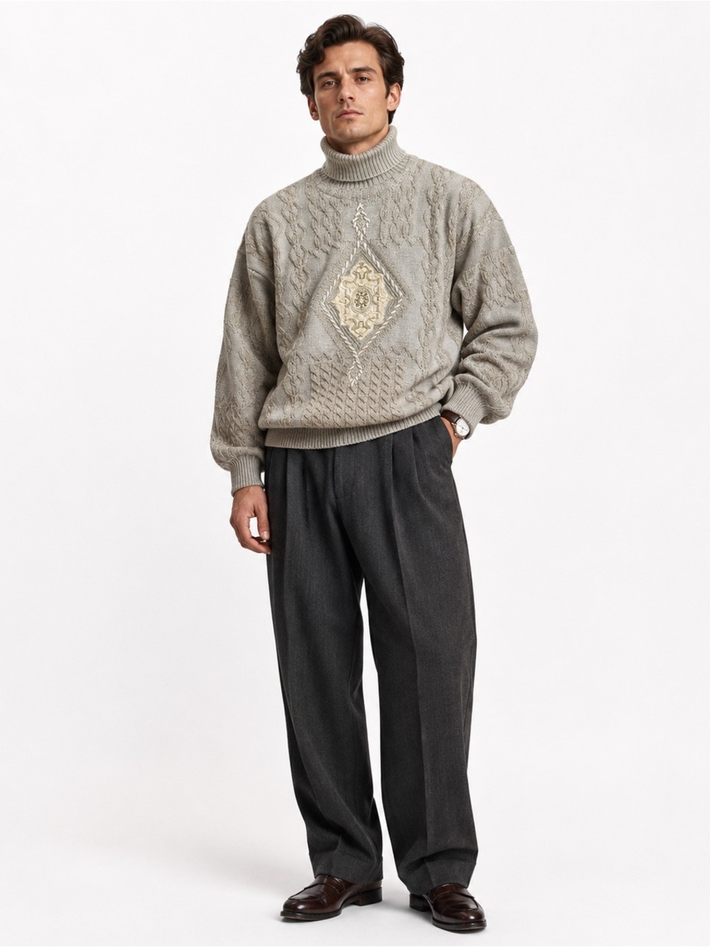 Vintage Umberto Bilancioni Lambswool Cable Knit Turtleneck Sweater Italy Men XL